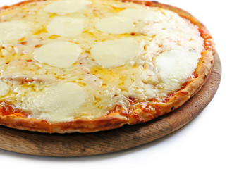 Pizza full of cheese on wooden board isolated on white background, close up