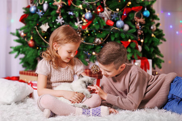 Fototapeta na wymiar Happy children and fluffy cat in the decorated Christmas room