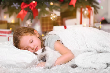 Sleeping girl with cat in the decorated Christmas room, close up