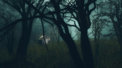 Dilapidated barn in creepy winter forest.