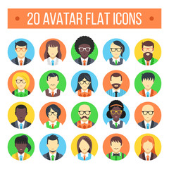 20 avatar flat icons. Male and female faces