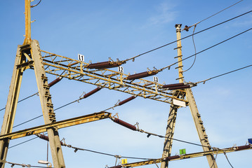 Overhead line wire over rail track. Power lines.