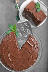 Chocolate pie with mint and shovel, closeup