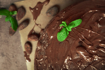 Chocolate pie with mint, closeup