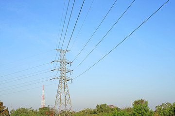 High voltage electric tower on sky background