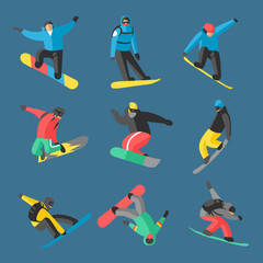 Snowboarder jump in different pose on background