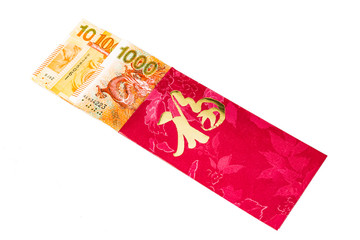 Fototapeta premium Hung Bao or Red packet with Good Fortune character contains Hong Kong Dollar
