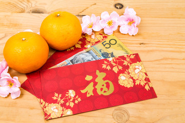 Hung Bao or Red packet with Good Fortune character contains Australian Dollar