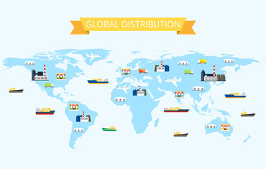 Illustration of international distribution on the world map with Plants, Transportation Warehouses, Stores
