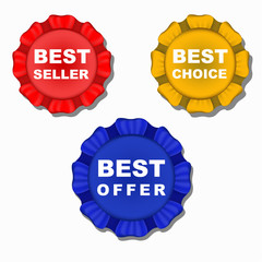 Vector label best seller, best choice, best offer. Three labels best choice, best offer, best seller. Red, blue, golden. Vector illustration