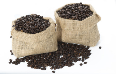 Coffee beans and sack isolated