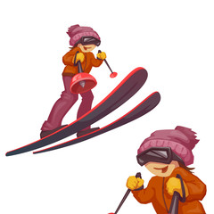 Art with skier girl on ski. Vector illustration