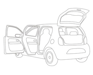 hatch back vehicle that open doors and rear hatch, line drawing illustration
