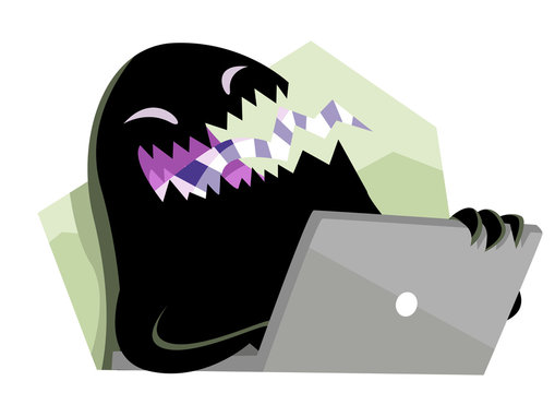 troll monstruo negro con computadora