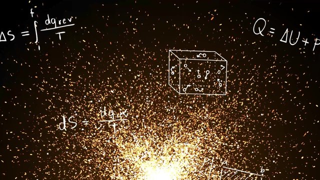 Abstract fire ash sparking background pattern thermodynamics formula and math equation in doodle for physics and engineering education introduction in 4k ultra HD 