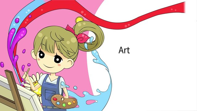 Cartoon background girl artist painting watercolor artwork with brush and palette with colorful abstract effect representing creative art education in school or website in 4k ultra HD