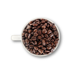 white cup with coffee beans isolated