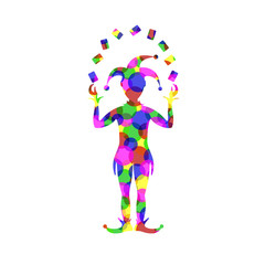 Coloured silhouette of joker playing with cards