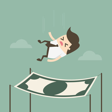 Businessman falling into a financial safety net.
