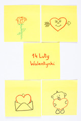 Symbols of Valentines Day drawn on paper, polish inscription 14 February Valentines, symbol of love