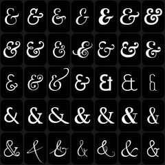 Set of ampersands for letters and invitation on black background.