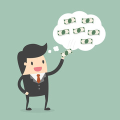 Businessman picking money off his thinking bubble. Business concept cartoon illustration.