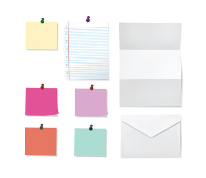 Office paper set, sticky notes, lined and folded sheets, envelope. Vectoe eps10 illustration.