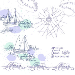 Background with ships and waves.Hand drawn sea, waves and yachts. Vector  Illustration