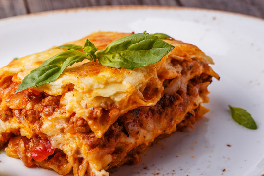 Traditional lasagna made with minced beef bolognese sauce