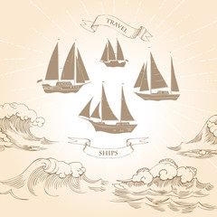 Background with ships and waves.Hand drawn sea, waves and yachts. Vector  Illustration