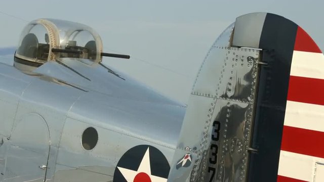 Military version of the Beechcraft AT-11 Kansan, the C-45 Expeditor used by USAAF during World War II.  Details of gun turret and tail fin.  Recorded in 4K, ultra high definition.