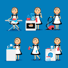 Multitasking housewife Vector illustration. Housekeeper woman ironing, cleaning, cooking and washing