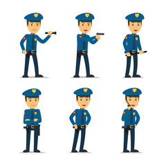 Police officer character in different poses. Vector illustration.