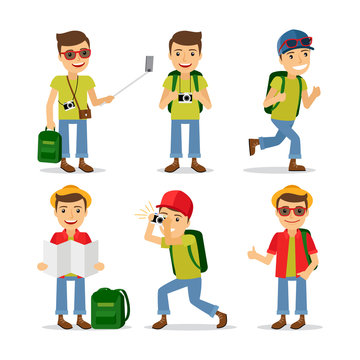 Tourist travel character with camera, backpack and sunglasses. Vector illustration.
