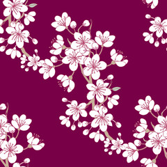 Seamless pattern  with sakura. Hand drawn spring blossom trees. Vector illustration with cherry blossoms.