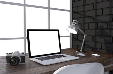 3D illustration laptop and work stuff on table near brick wall, Workspace