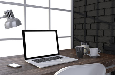 3D illustration laptop and work stuff on table near brick wall, Workspace