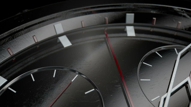 A macro closeup of a modern wrist watch focusing on the second hand counting down the last ten seconds to midnight