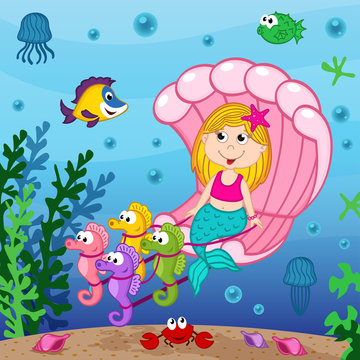 mermaid swims in the seashell - vector illustration, eps