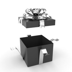 open gift box with bows isolated on white