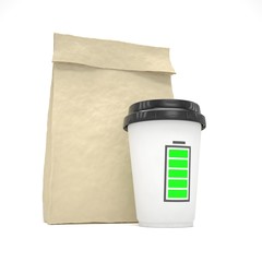 Coffee to go and lunch bag, on white.