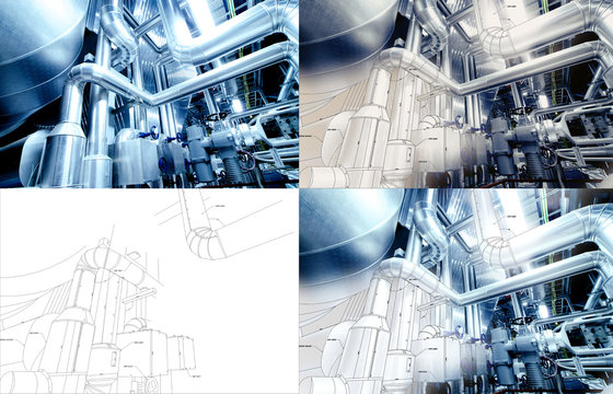 Design collage concept with blueprints and pipelines at factory