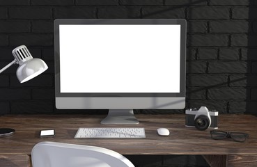 Fototapeta premium 3D illustration PC screen on table in office, Workspace
