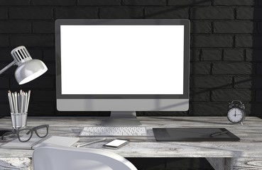 Fototapeta premium 3D illustration PC screen on table in office, Workspace