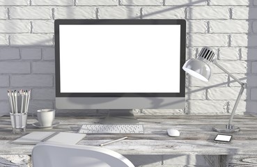 Fototapeta premium 3D illustration PC screen on table in office, Workspace