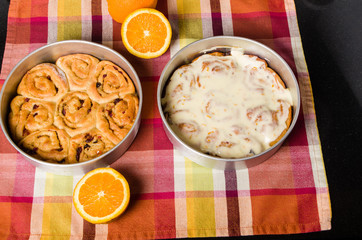 Pan of fresh baked iced sweet rolls