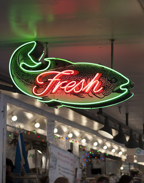 Neon sign of fish market