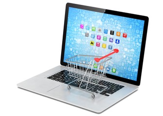 Shopping cart on laptop. 