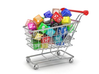 shopping cart with application software icons isolated on a white background