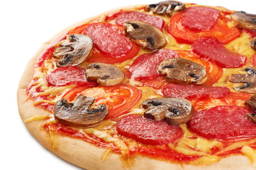 Pizza with sausage and mushrooms on a white background.